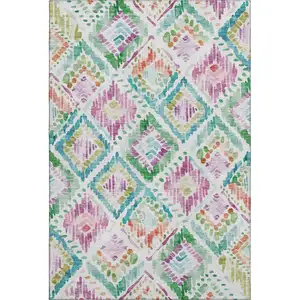 Photo of Teal Ivory Green And Purple Geometric Washable Area Rug With UV Protection