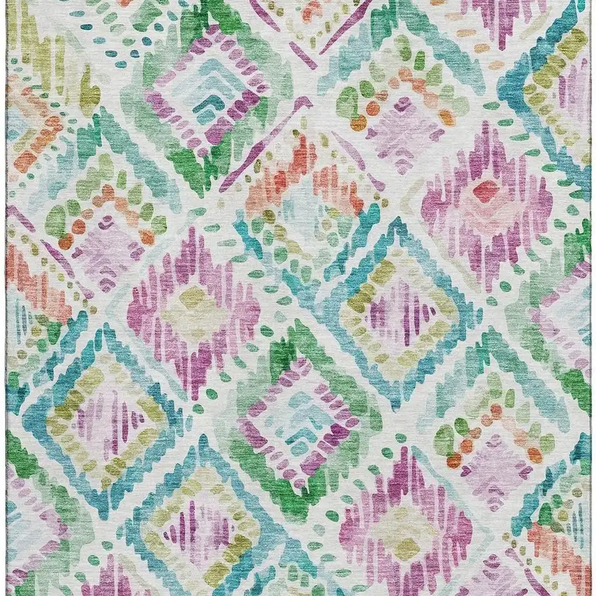 Teal Ivory Green And Purple Geometric Washable Area Rug With UV Protection Photo 3