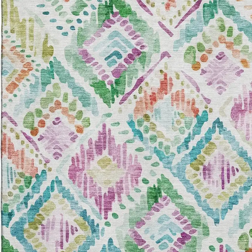 Teal Ivory Green And Purple Geometric Washable Area Rug With UV Protection Photo 2