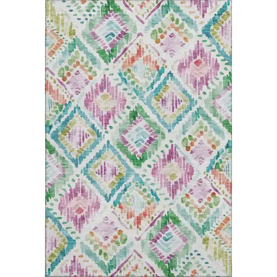 Teal Ivory Green And Purple Geometric Washable Area Rug With UV Protection Photo 1