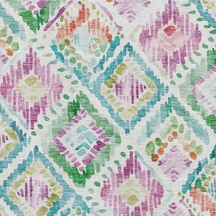 Teal Ivory Green And Purple Geometric Washable Area Rug With UV Protection Photo 2
