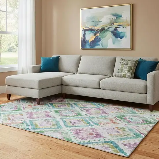 Teal Ivory Green And Purple Geometric Washable Area Rug With UV Protection Photo 2