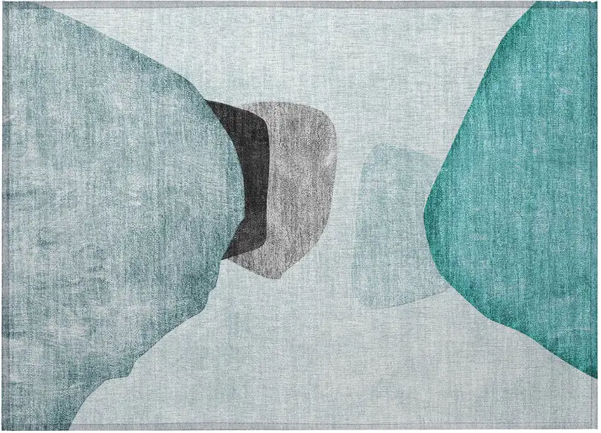Teal Ivory and Gray Abstract Washable Non Skid Indoor Outdoor Area Rug Photo 4