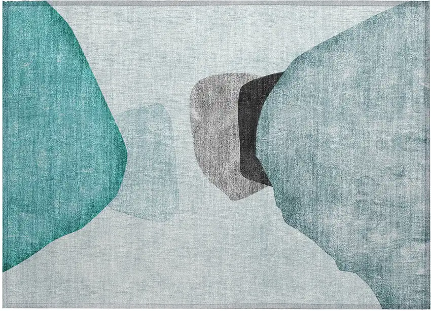 Teal Ivory and Gray Abstract Washable Non Skid Indoor Outdoor Area Rug Photo 2