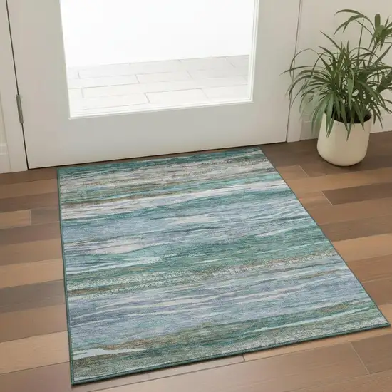 Teal Khaki And Green Abstract Washable Area Rug With UV Protection Photo 2