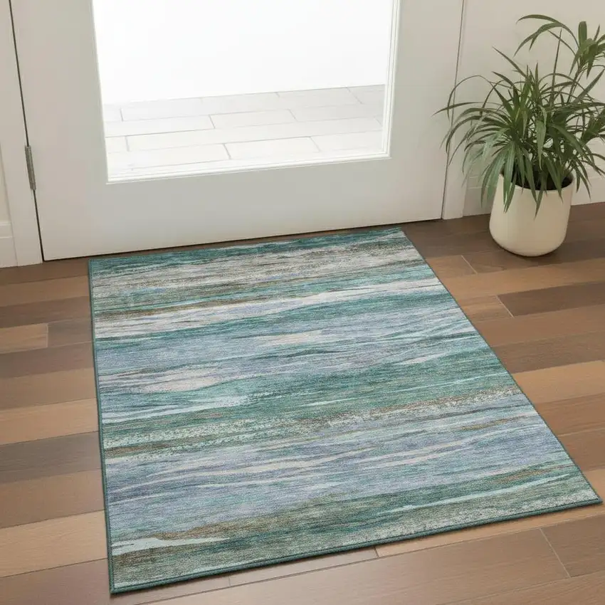 Teal Khaki And Green Abstract Washable Area Rug With UV Protection Photo 2