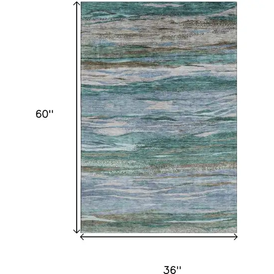 Teal Khaki And Green Abstract Washable Area Rug With UV Protection Photo 9