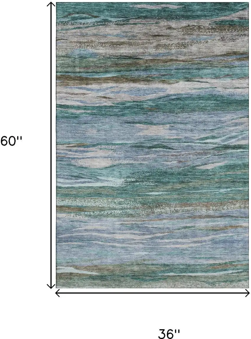 Teal Khaki And Green Abstract Washable Area Rug With UV Protection Photo 9