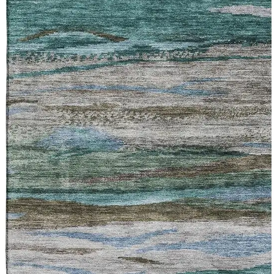 Teal Khaki And Green Abstract Washable Area Rug With UV Protection Photo 3