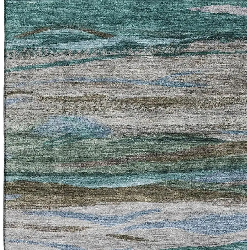 Teal Khaki And Green Abstract Washable Area Rug With UV Protection Photo 3