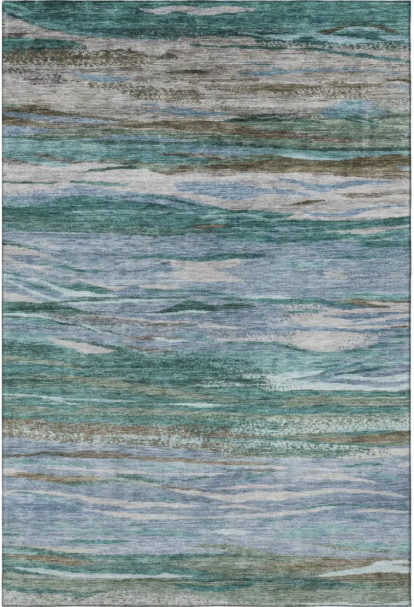 Teal Khaki And Green Abstract Washable Area Rug With UV Protection Photo 4