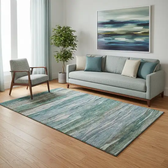 Teal Khaki And Green Abstract Washable Area Rug With UV Protection Photo 2