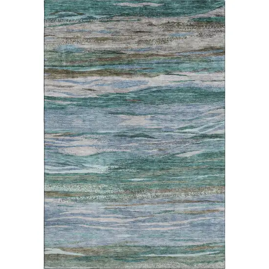 Teal Khaki And Green Abstract Washable Area Rug With UV Protection Photo 1