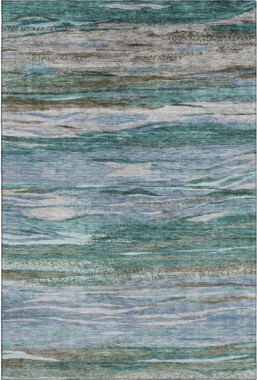 Teal Khaki And Green Abstract Washable Area Rug With UV Protection Photo 1