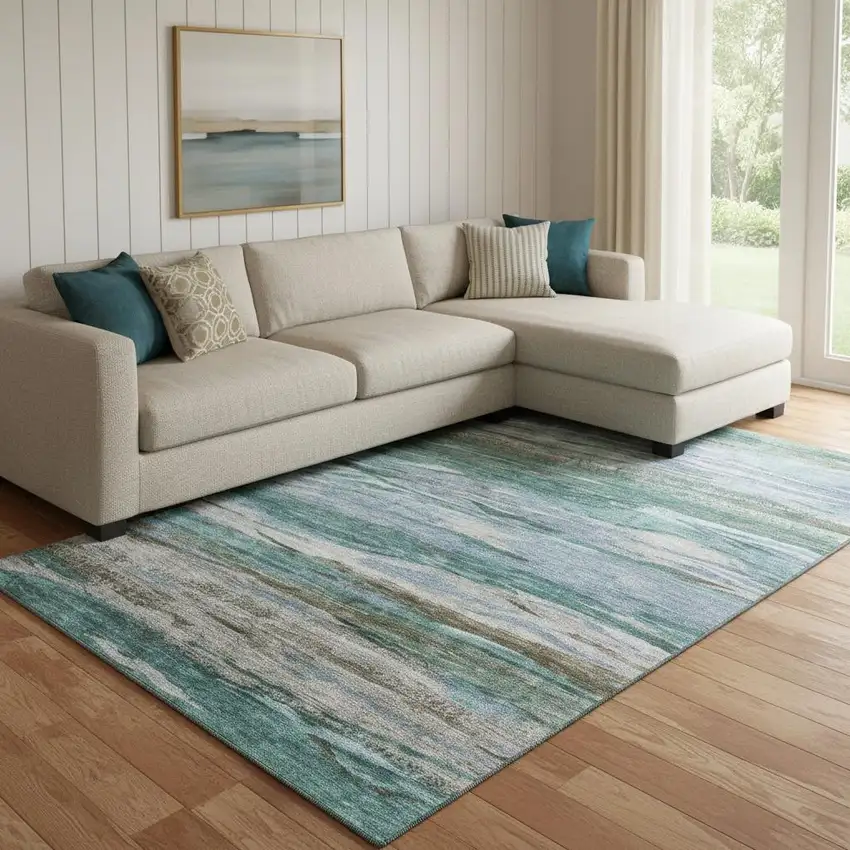 Teal Khaki And Green Abstract Washable Area Rug With UV Protection Photo 2
