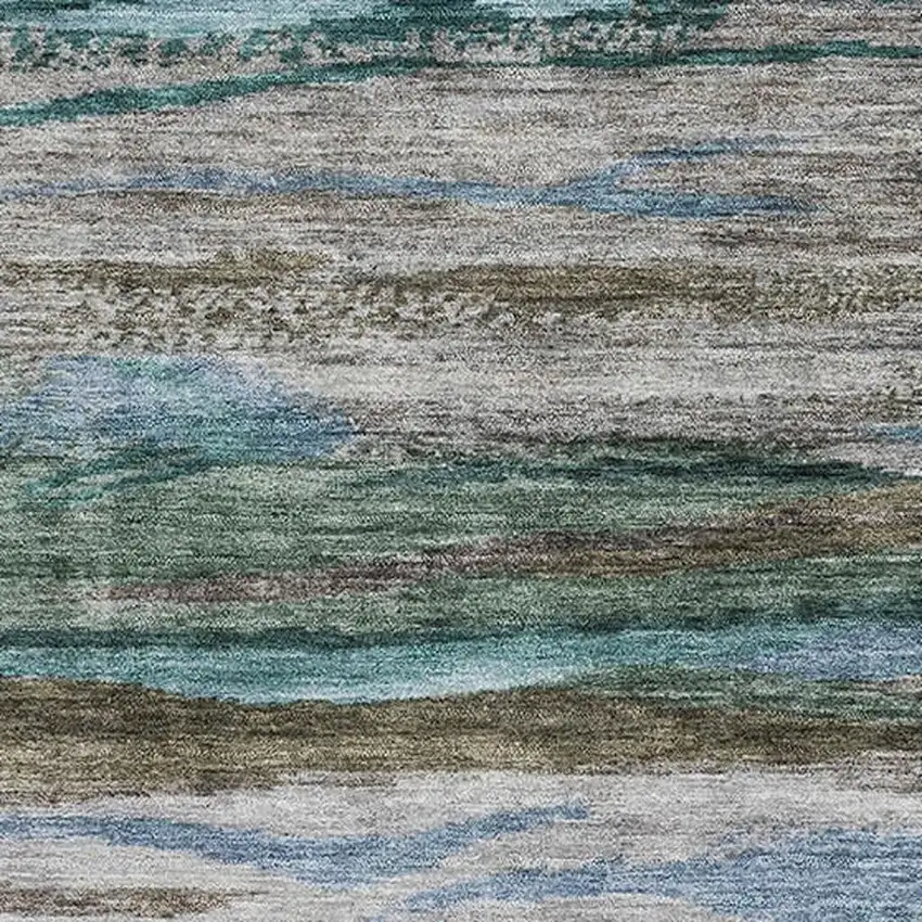 Teal Khaki And Green Abstract Washable Area Rug With UV Protection Photo 3