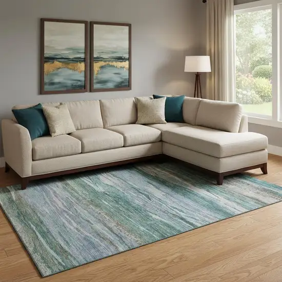 Teal Khaki And Green Abstract Washable Area Rug With UV Protection Photo 2