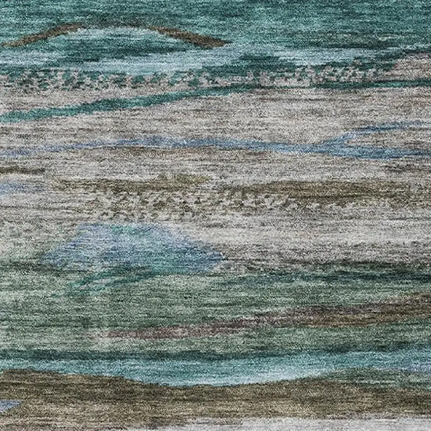 Teal Khaki And Green Abstract Washable Area Rug With UV Protection Photo 3
