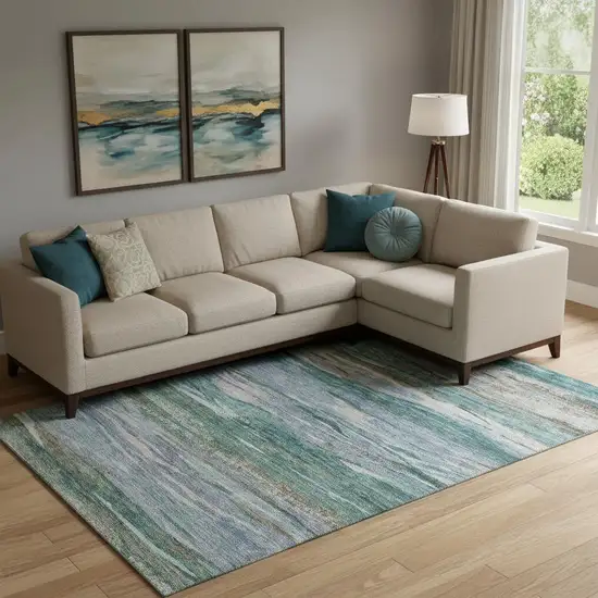 Teal Khaki And Green Abstract Washable Area Rug With UV Protection Photo 2