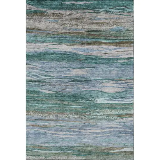 Teal Khaki And Green Abstract Washable Area Rug With UV Protection Photo 3