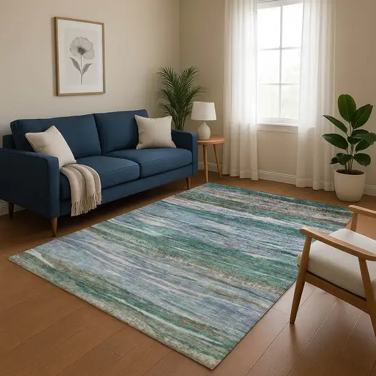 Teal Khaki And Green Abstract Washable Area Rug With UV Protection Photo 4