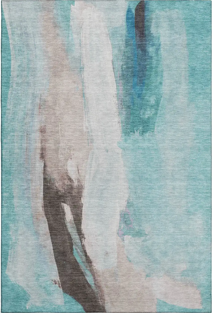 Teal Khaki And Ivory Abstract Washable Area Rug With UV Protection Photo 7