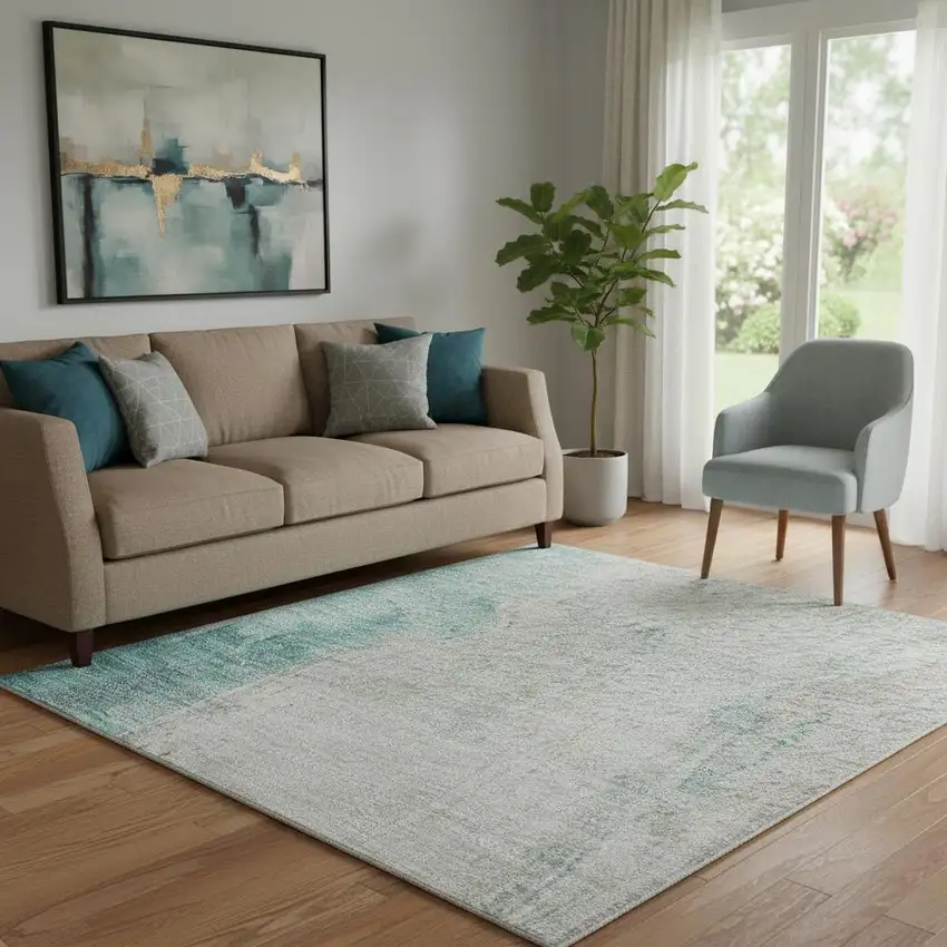 Teal Khaki And Ivory Abstract Washable Area Rug With UV Protection Photo 2