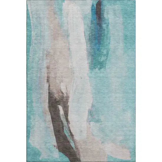 Teal Khaki And Ivory Abstract Washable Area Rug With UV Protection Photo 6
