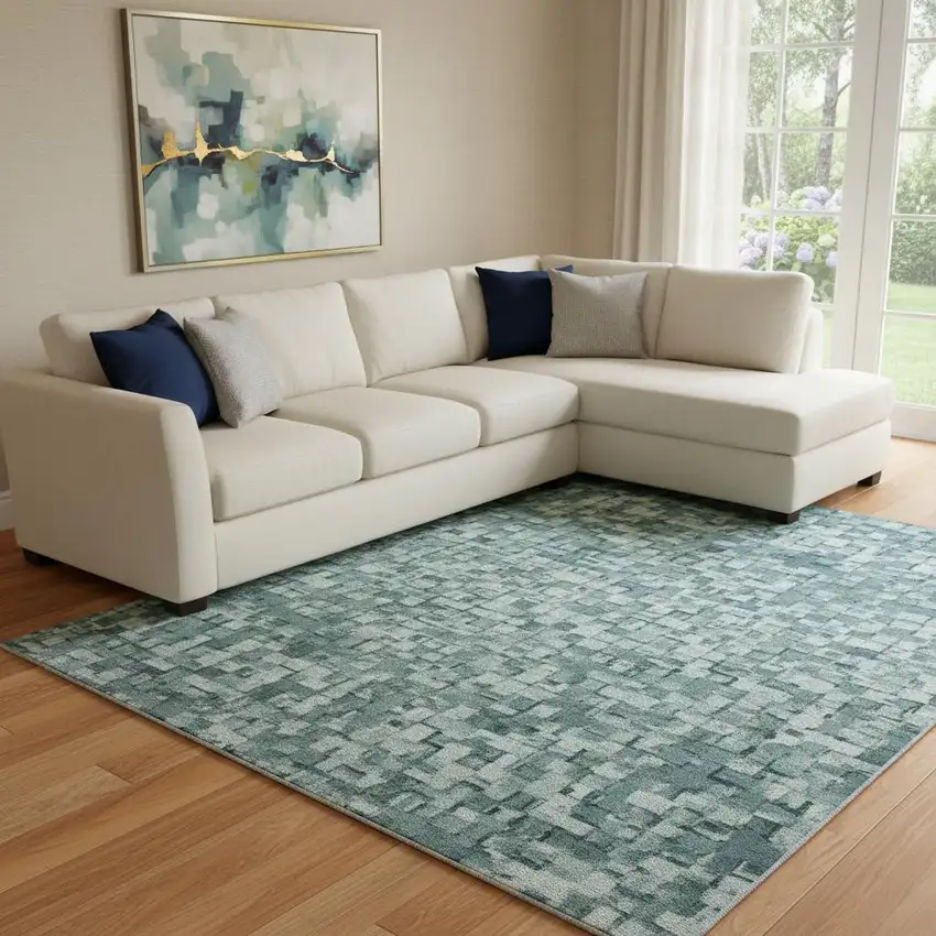 Teal Khaki And Ivory Abstract Washable Area Rug With UV Protection Photo 2