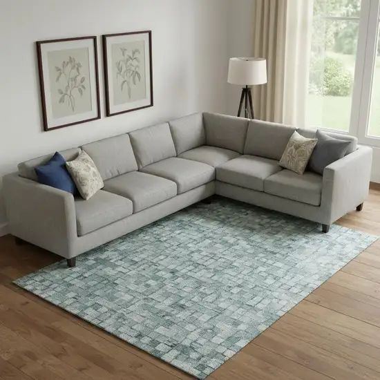 Teal Khaki And Ivory Abstract Washable Area Rug With UV Protection Photo 2