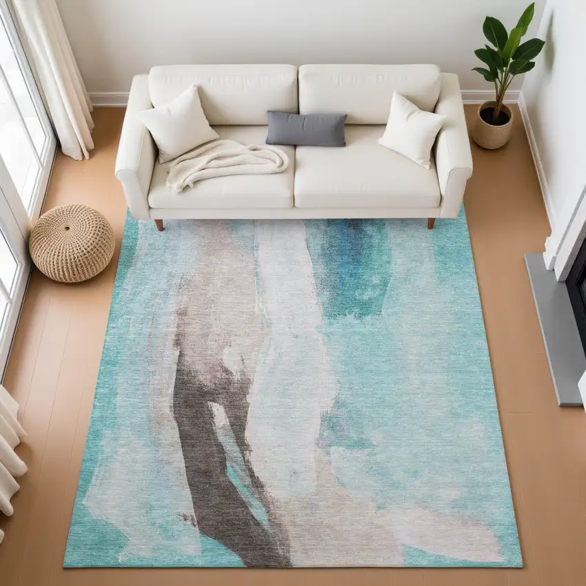 Teal Khaki And Ivory Abstract Washable Area Rug With UV Protection Photo 5