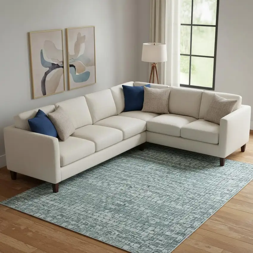 Teal Khaki And Ivory Abstract Washable Area Rug With UV Protection Photo 2