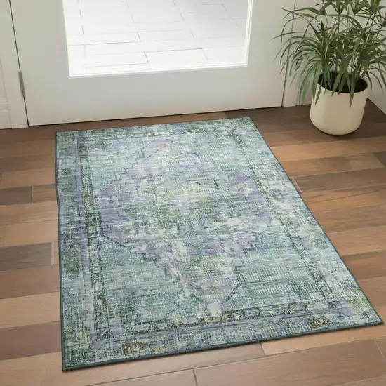 Teal Lavender And Green Oriental Washable Area Rug With UV Protection Photo 2