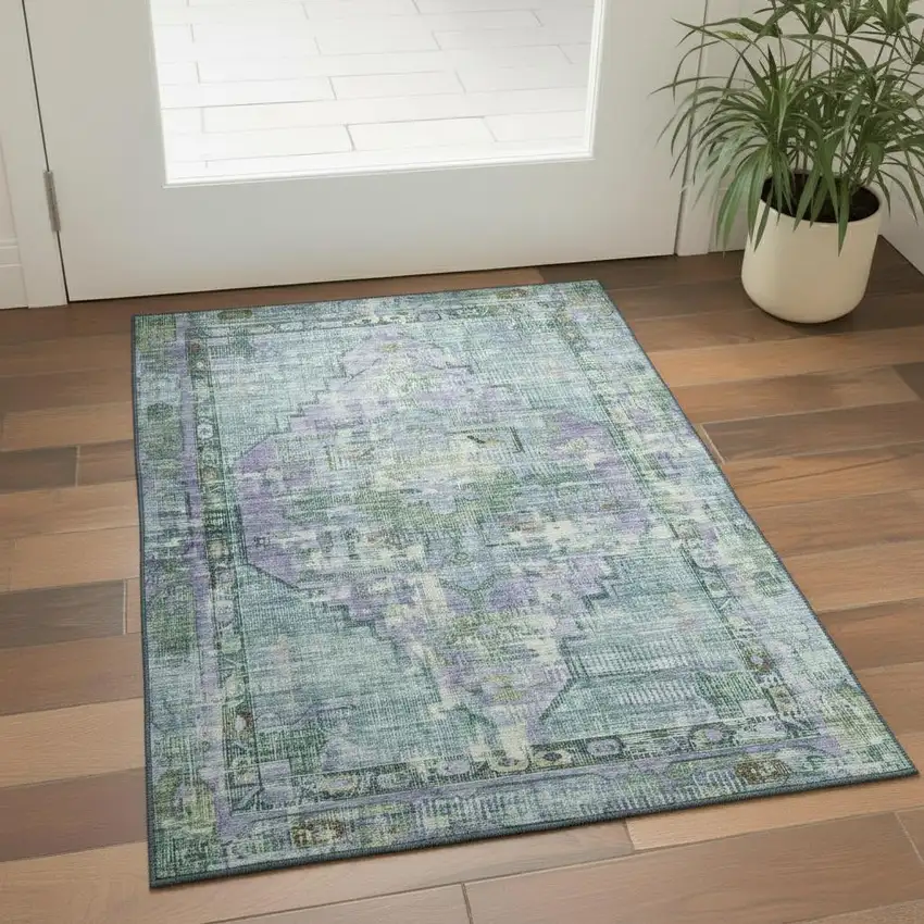 Teal Lavender And Green Oriental Washable Area Rug With UV Protection Photo 2