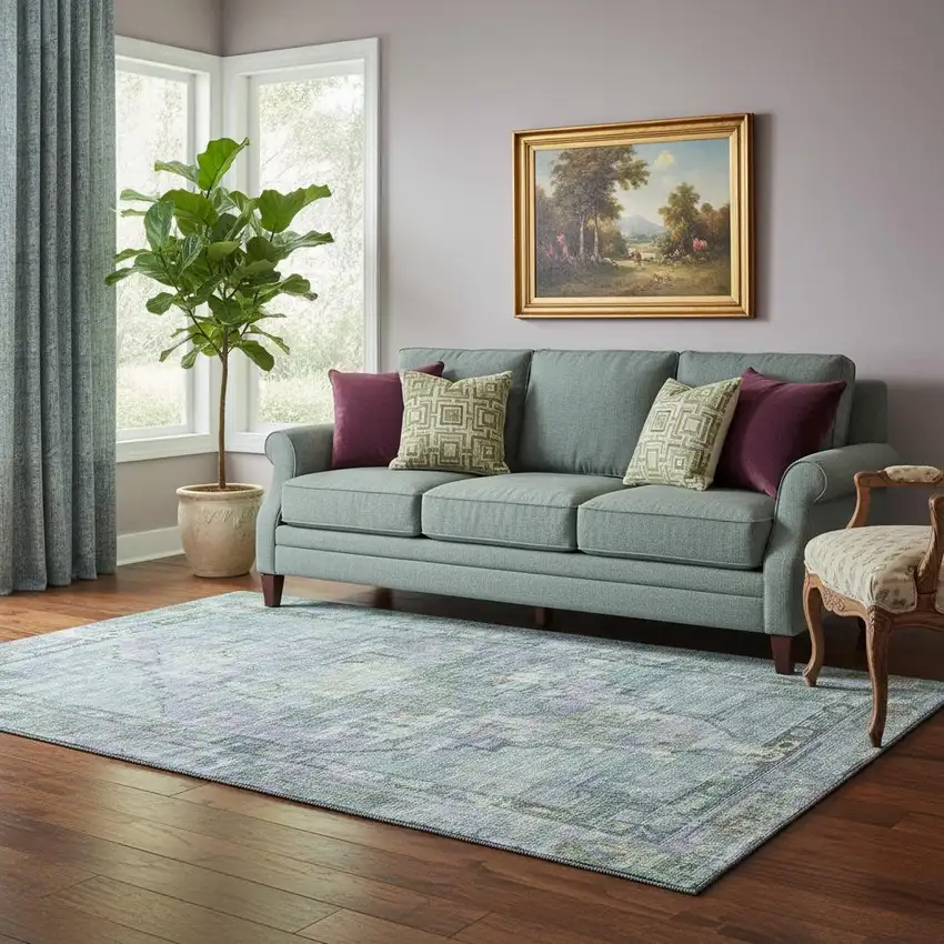 Teal Lavender And Green Oriental Washable Area Rug With UV Protection Photo 2