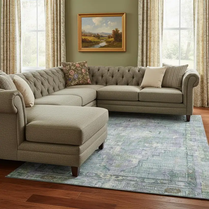 Teal Lavender And Green Oriental Washable Area Rug With UV Protection Photo 2