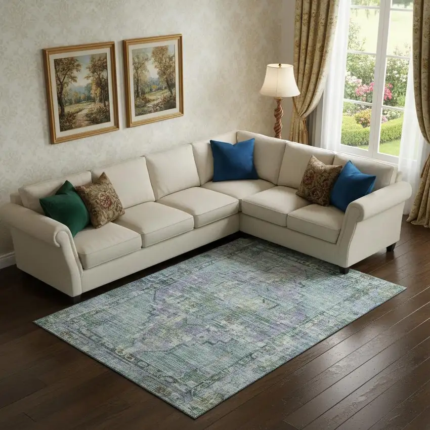 Teal Lavender And Green Oriental Washable Area Rug With UV Protection Photo 2