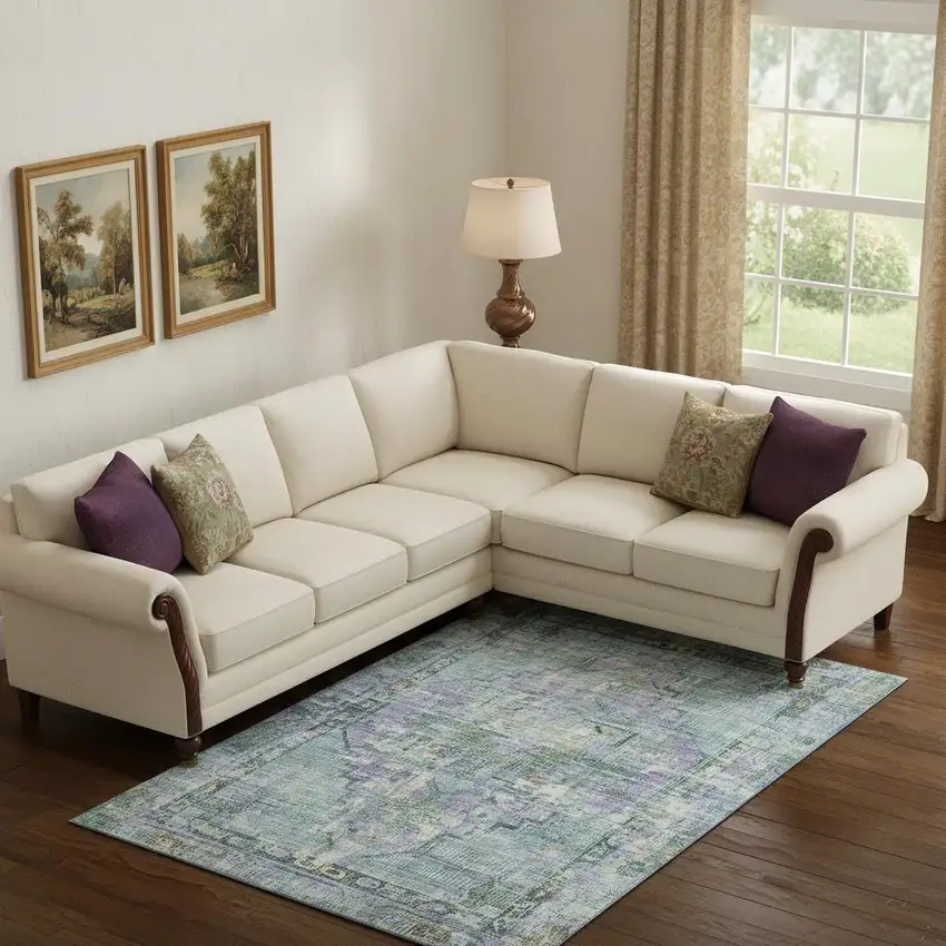 Teal Lavender And Green Oriental Washable Area Rug With UV Protection Photo 2