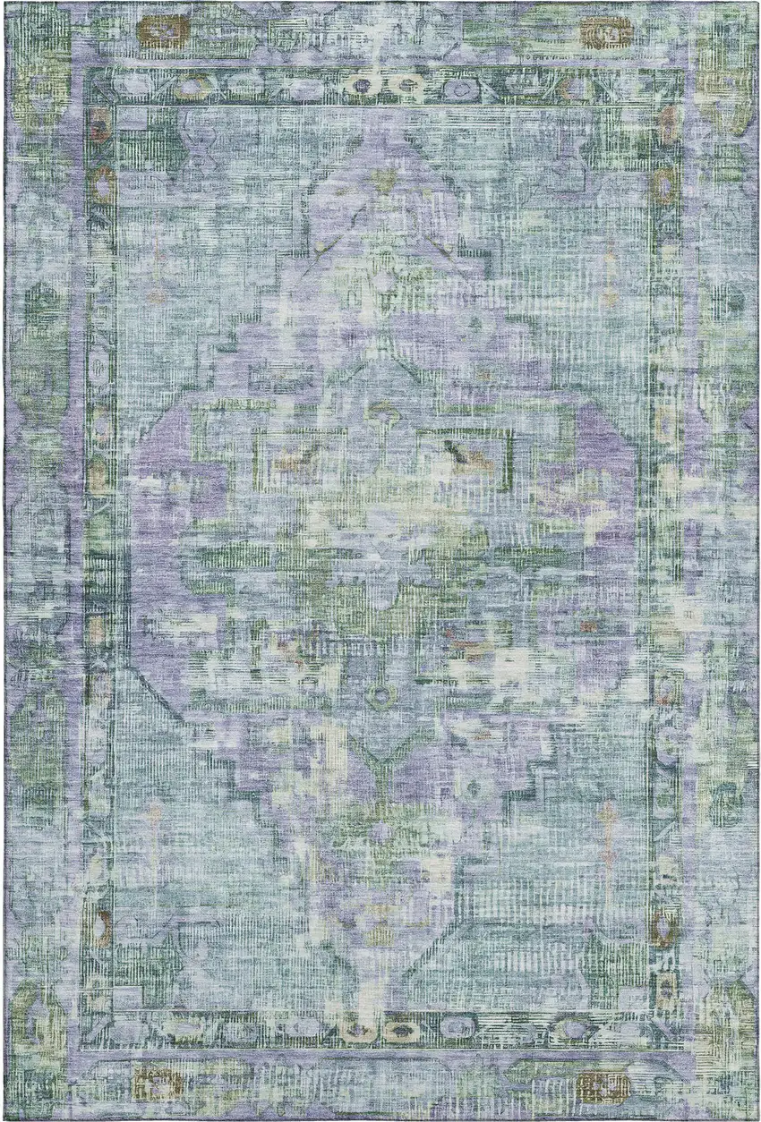 Teal Lavender And Green Oriental Washable Area Rug With UV Protection Photo 1