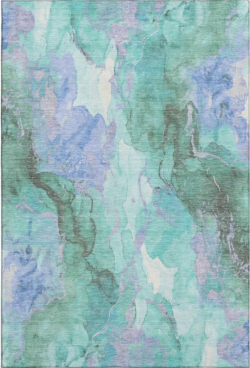 Teal Lavender And Ivory Abstract Washable Area Rug With UV Protection Photo 1