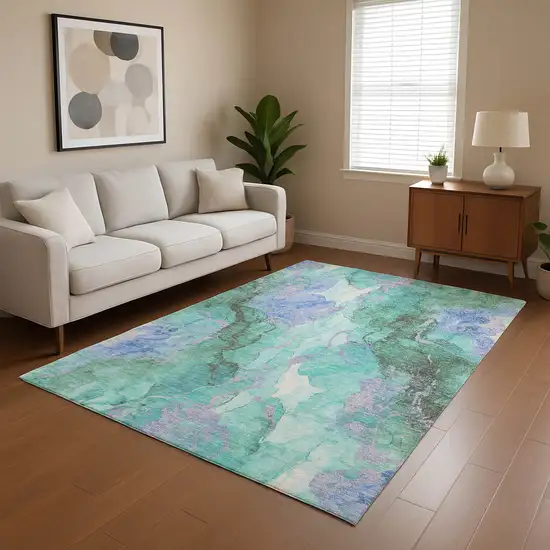 Teal Lavender And Ivory Abstract Washable Area Rug With UV Protection Photo 3