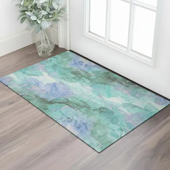 Teal Lavender And Ivory Abstract Washable Area Rug With UV Protection Photo 2