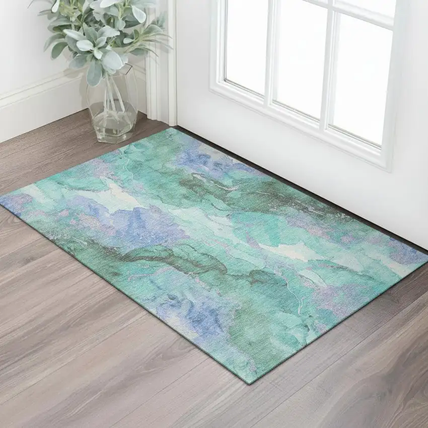 Teal Lavender And Ivory Abstract Washable Area Rug With UV Protection Photo 2