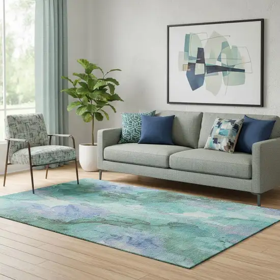 Teal Lavender And Ivory Abstract Washable Area Rug With UV Protection Photo 2