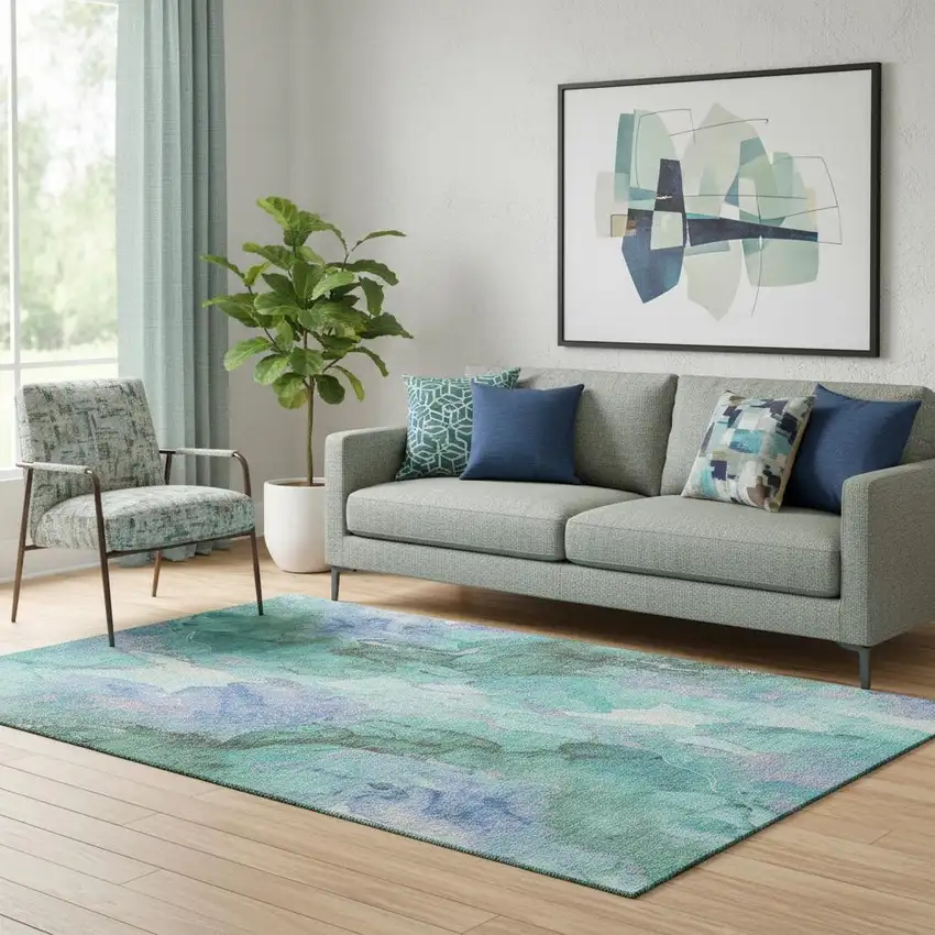 Teal Lavender And Ivory Abstract Washable Area Rug With UV Protection Photo 2