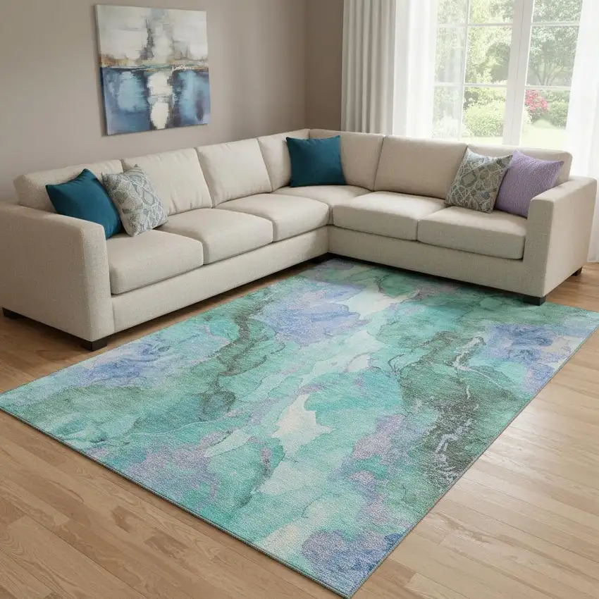 Teal Lavender And Ivory Abstract Washable Area Rug With UV Protection Photo 2