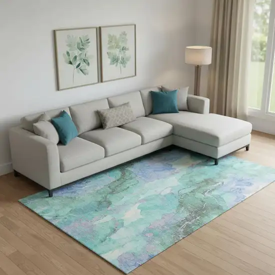 Teal Lavender And Ivory Abstract Washable Area Rug With UV Protection Photo 2