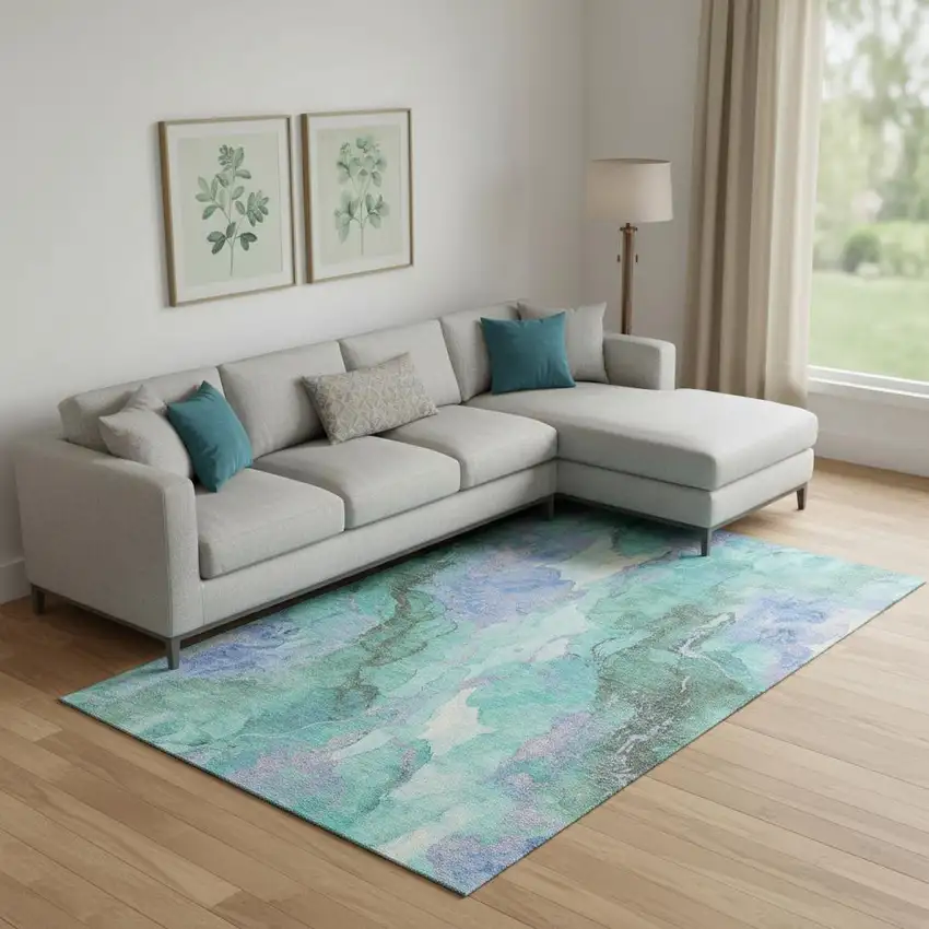 Teal Lavender And Ivory Abstract Washable Area Rug With UV Protection Photo 2