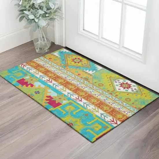 Teal Lime Green And Orange Southwestern Washable Area Rug With UV Protection Photo 2
