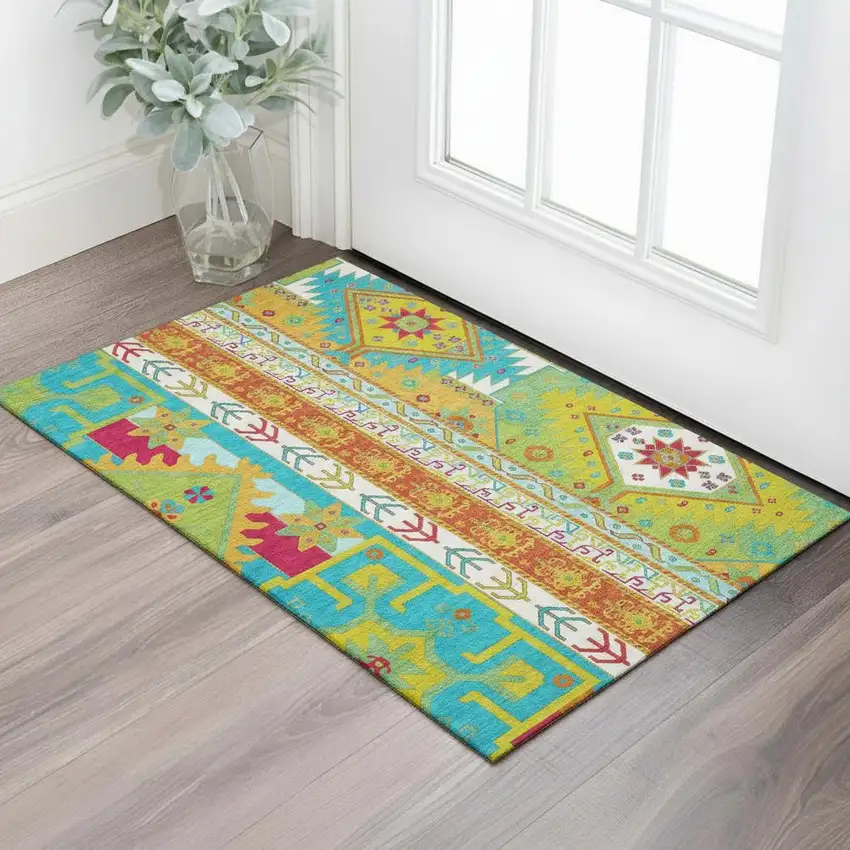 Teal Lime Green And Orange Southwestern Washable Area Rug With UV Protection Photo 2